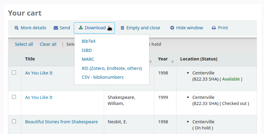 Options de téléchargement du contenu de la carte : BibTeX, ISBD, MARC, RIS et profils CSV personnalisés