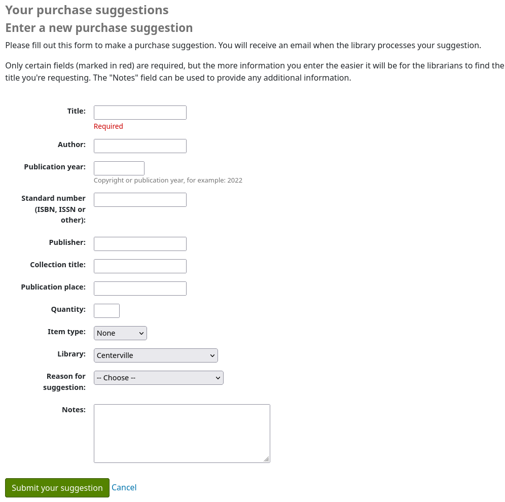 Formulaire de création d'une nouvelle suggestions d'achat
