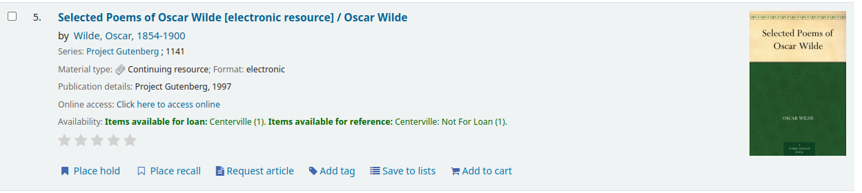 Le résultat isolé d'une recherche à l'OPAC; sont visibles une case à cocher sur la gauche, des informations bibliographiques, le titre qui est un lien, la disponibilité des exemplaires, l'évaluation, les options de réservation, de rappel, de sauvegarder dans des listes ou d'ajouter à un panier