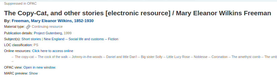 Exemple d'une notice bibliographique à l'interface professionnelle avec la note 'Supprimée à l'OPAC' en haut