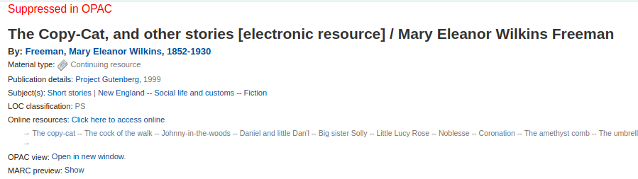 Exemple d'une notice bibliographique à l'interface professionnelle avec la note 'Supprimée à l'OPAC' en haut; la note est grande et écrite en rouge