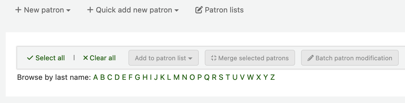 पैट्रोन मॉड्यूल होमपेज पर, वर्णमाला "अंतिम नाम से ब्राउज़" के बगल में प्रदर्शित होता है।।
