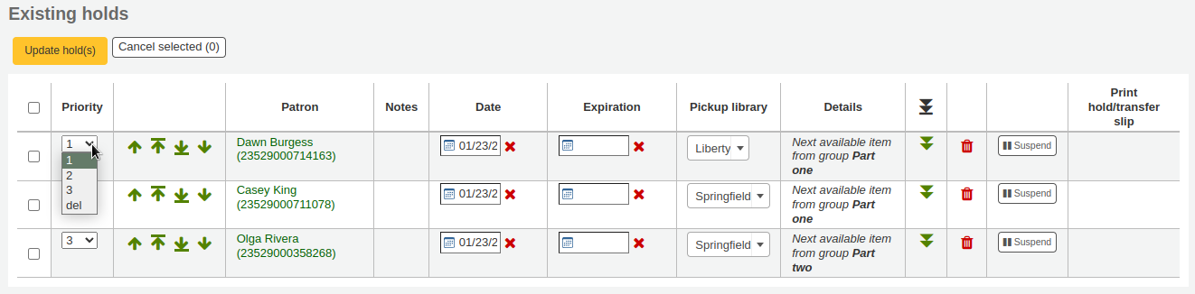 In the table of existing holds on a record, the Priority drop-down is open