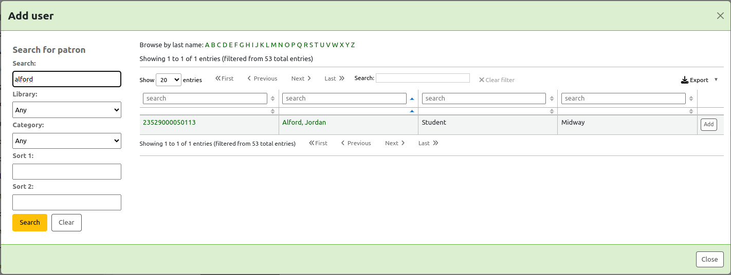 Pop up window for patron search, titled 'Add user'. On the left side are search fields: search (text field), library (library dropdown), category (patron category dropdown), sort 1 (text field), sort 2 (text field), with 'Search' and 'Clear' buttons. A search for 'alford' has been done. On the right side are the patron search results showing the card number, name, patron category, and library. There is an 'Add' button to add the patron. At the bottom of the pop-up, there is a 'Close' button.