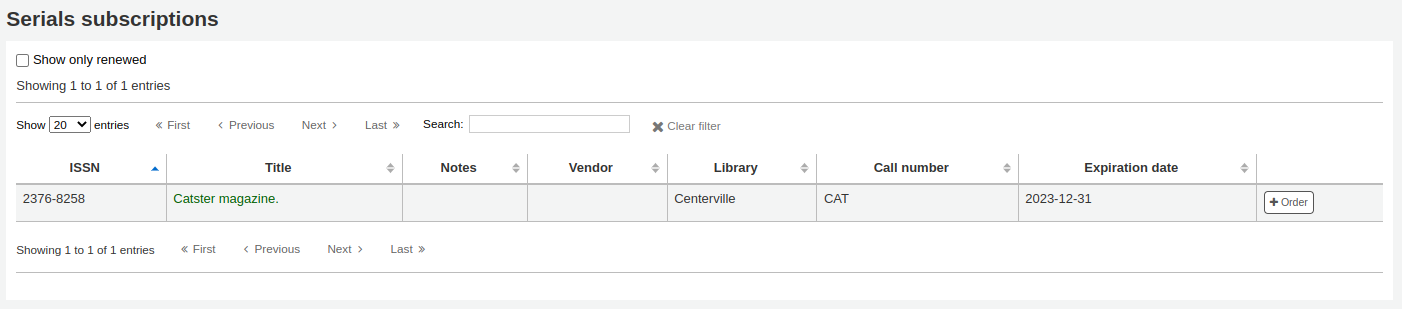 Table of results of serials subscription search, the last column contains an Order button