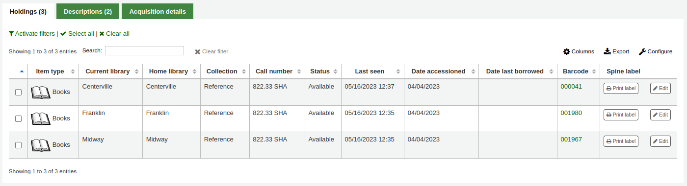 A holdings table in the catalog in the staff interface, the next to last column on the right is titled 'Spine label' and there is a 'Print label' button for each item in the table