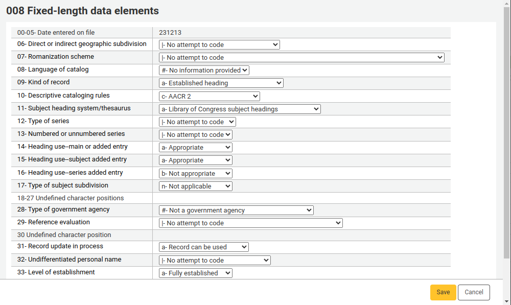 MARC21 008 value builder for authority records