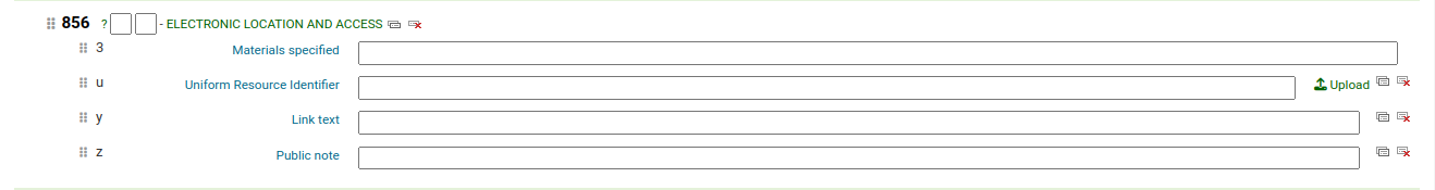 在基本編輯器中查看 MARC21 856 段,分欄 $u旁邊有一個上傳按鈕