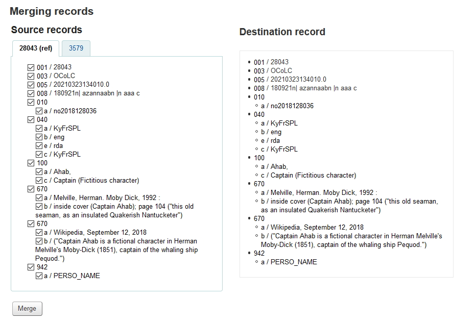 顯示 MARC 中來源記錄和目標記錄的合併記錄視窗的螢幕截圖