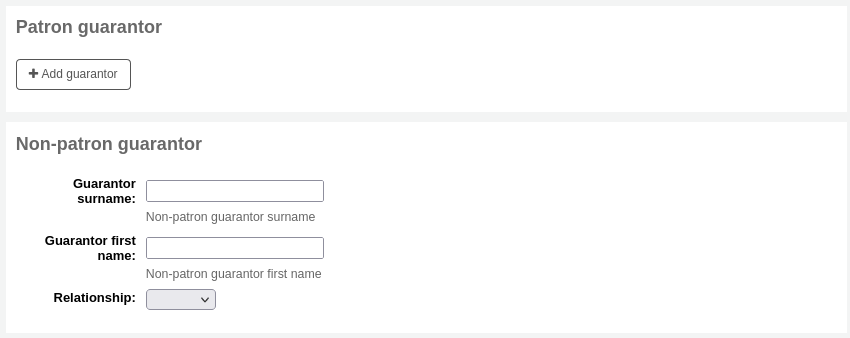 'Patron guarantor' and 'Non-patron guarantor' sections of the patron form