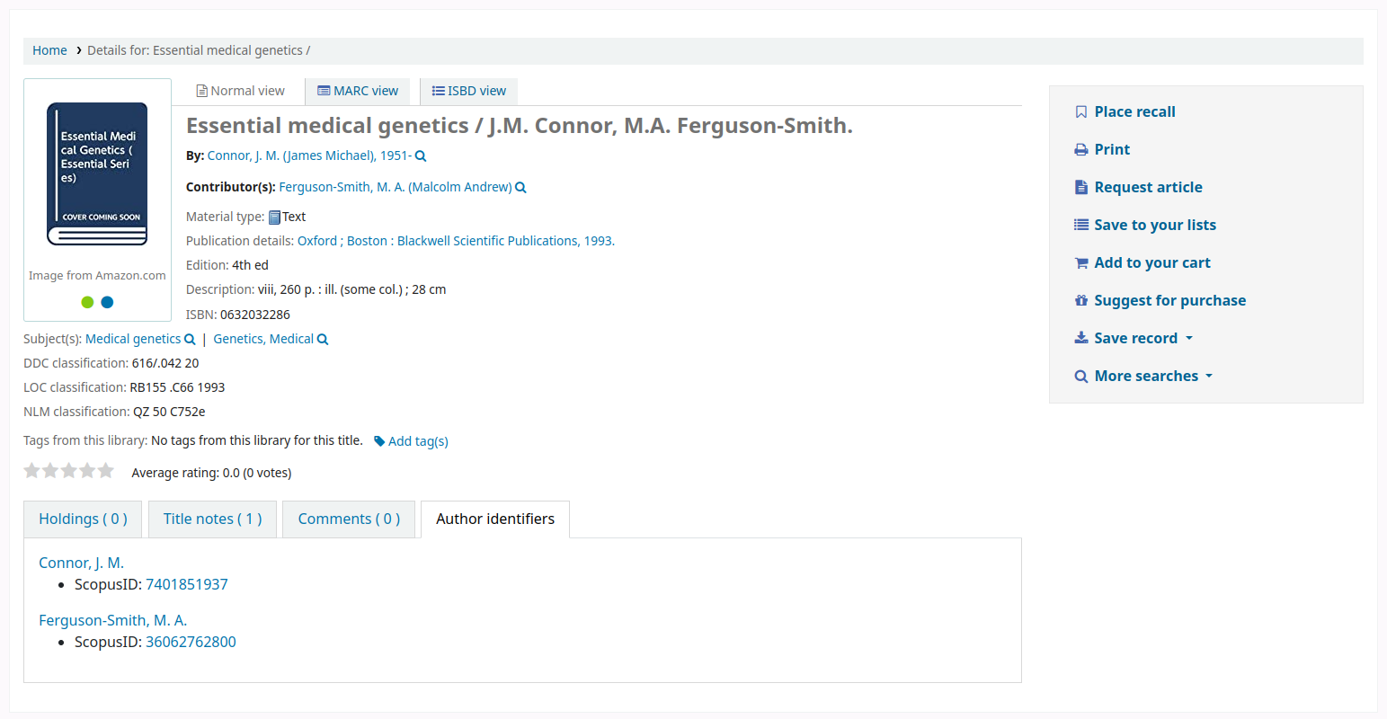 The detailed view of a bibliographic record, the selected tab at the bottom is Author identifiers, both authors are listed with their Scopus ID