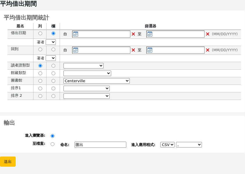用於產生平均借閱時間報告的嚮導，其中包含選擇報告參數的選項 (借出日期、讀者類別、館藏類型...)