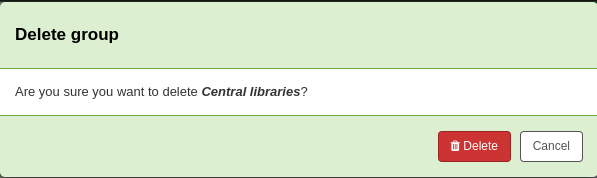 刪除圖書館群組組時彈出確認視窗。