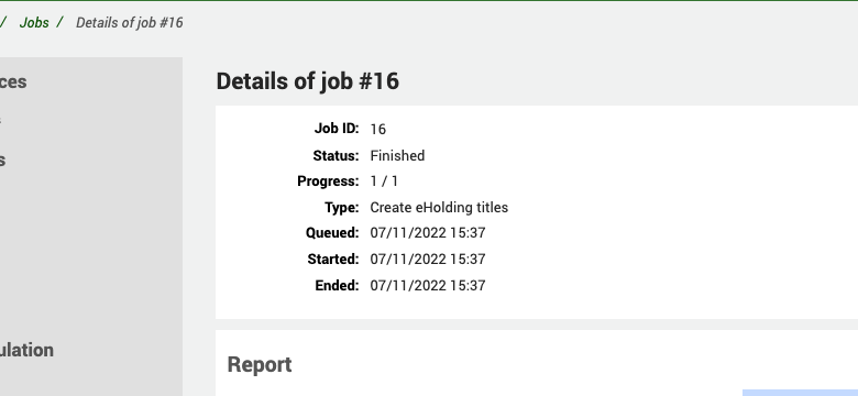 後台作業頁面，顯示作業 ID、狀態、進度、類型、開始和結束日期和時間. 類型段包含 '建立 eHoldings 標題' 資訊.