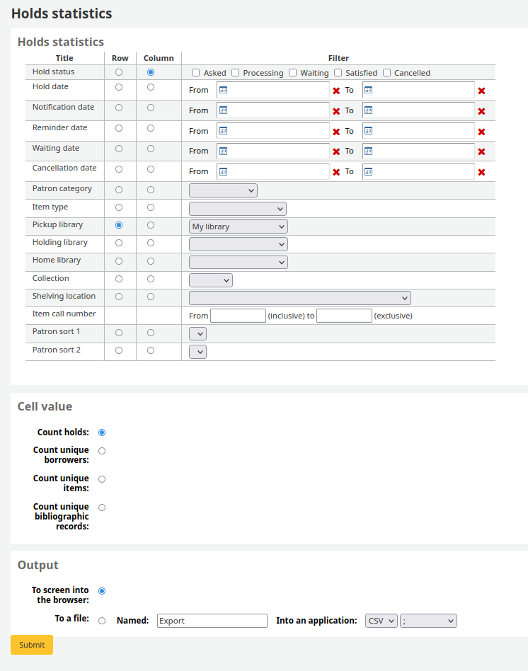 Form for holds statistics