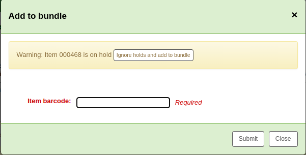 '加入到捆綁包' 彈出視窗，帶有輸入條碼的段； 該段上方有一則訊息 '警告：館藏 xxxxx 被預約' 和一個 '忽略預約並新增到捆綁包' 按鈕