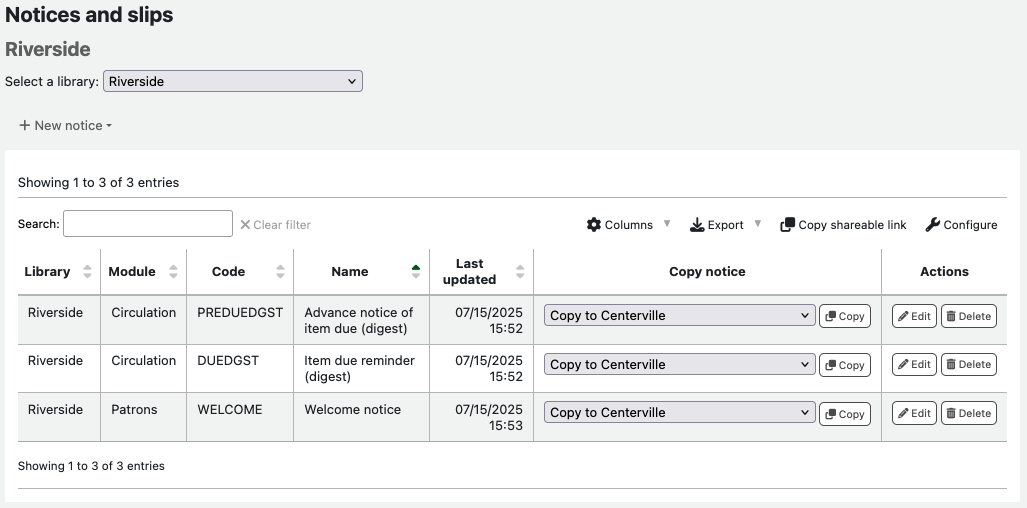 On the Notices and slips page, the Select a library drop-down is set to Riverside. The table lists three notices which all have Riverside in the Library column.