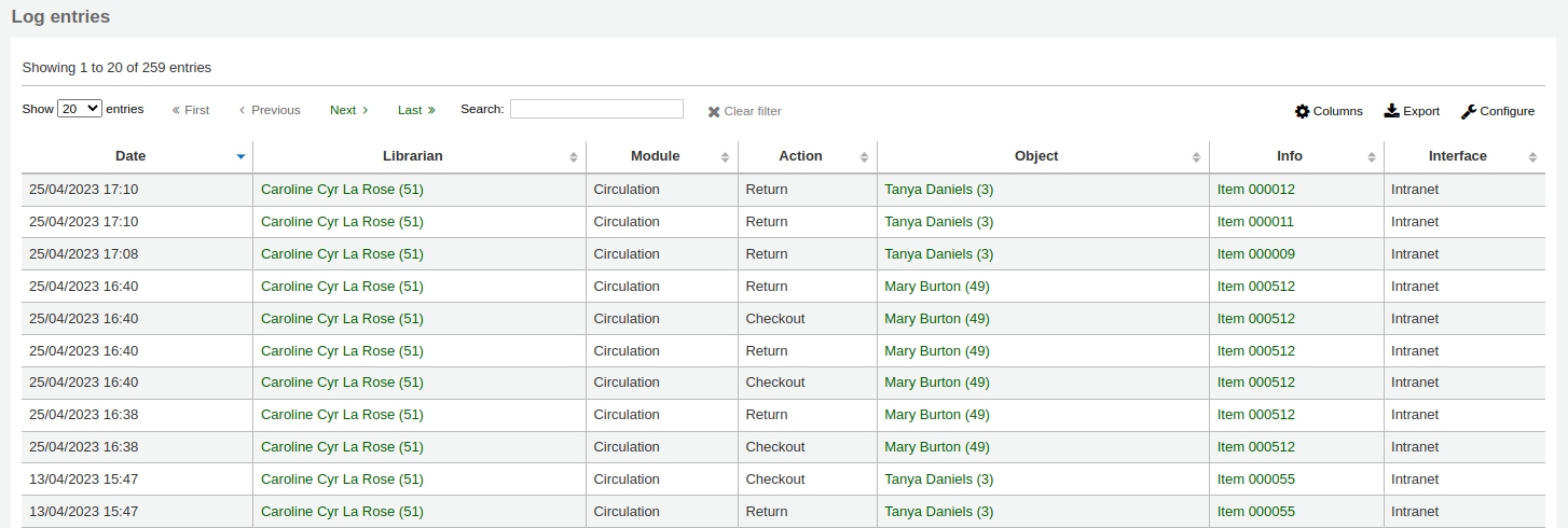 Log viewer results table