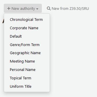 下拉選單用以新的權威記錄建立顥示不同權威類型