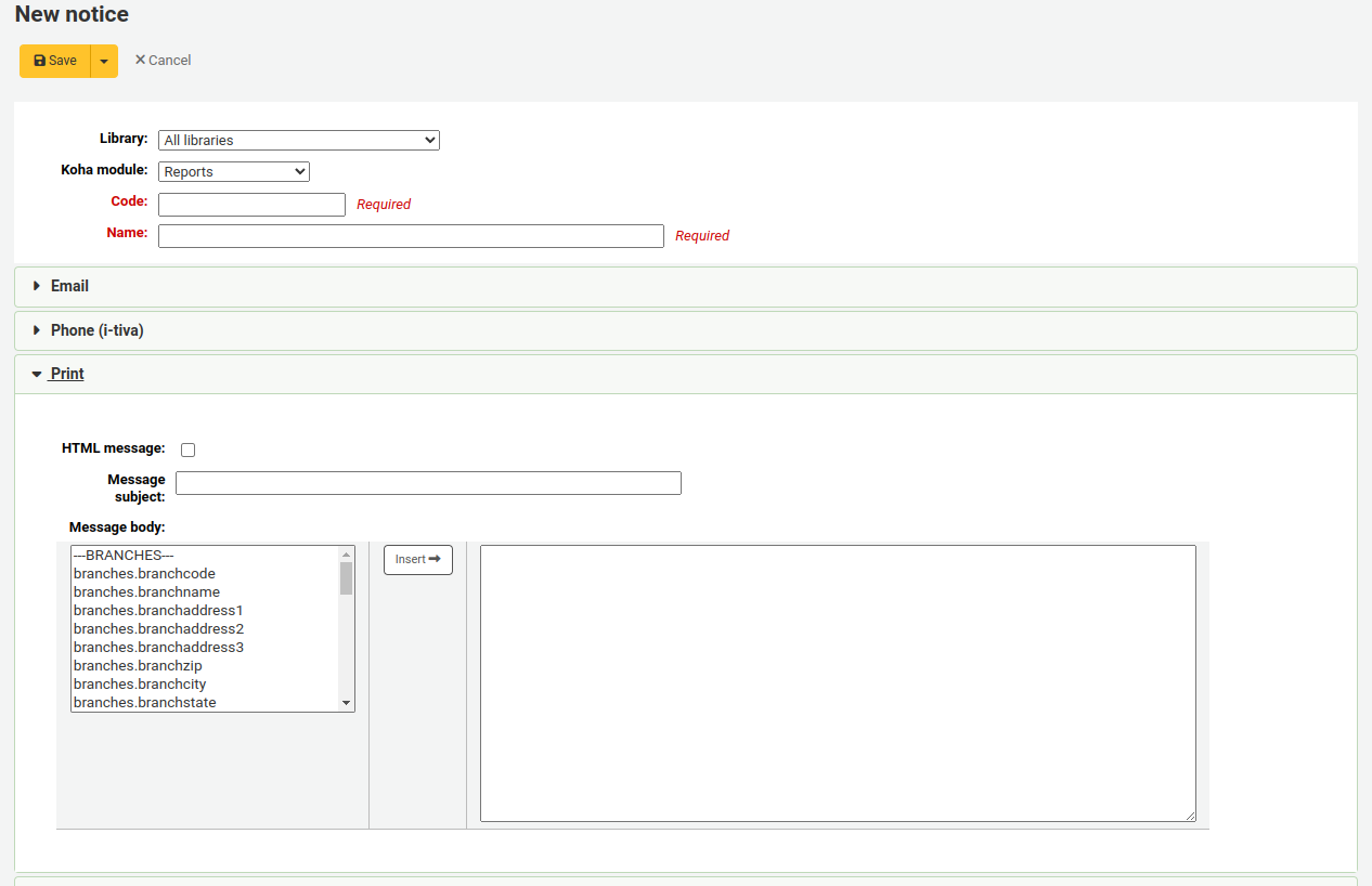 Form to create a new notice, the Print section is expanded