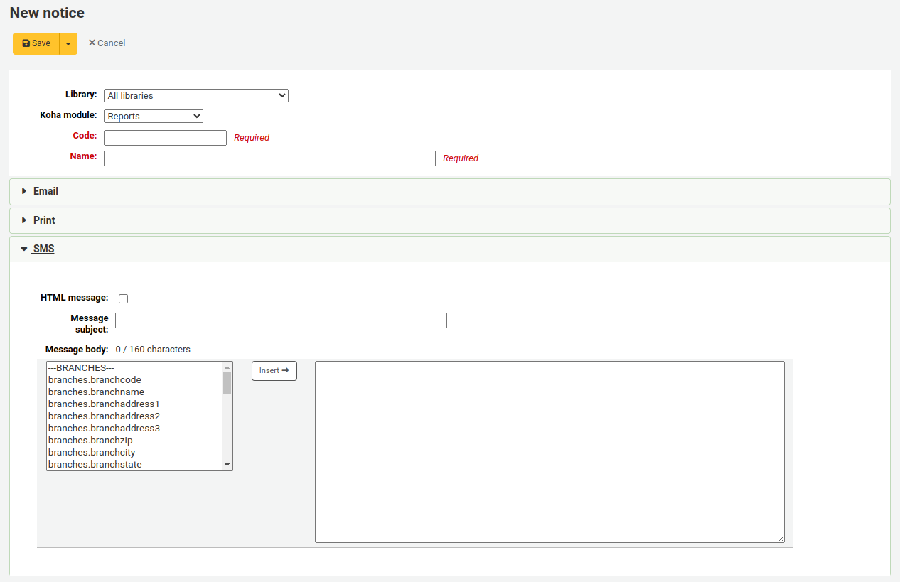 Form to create a new notice, the SMS section is expanded