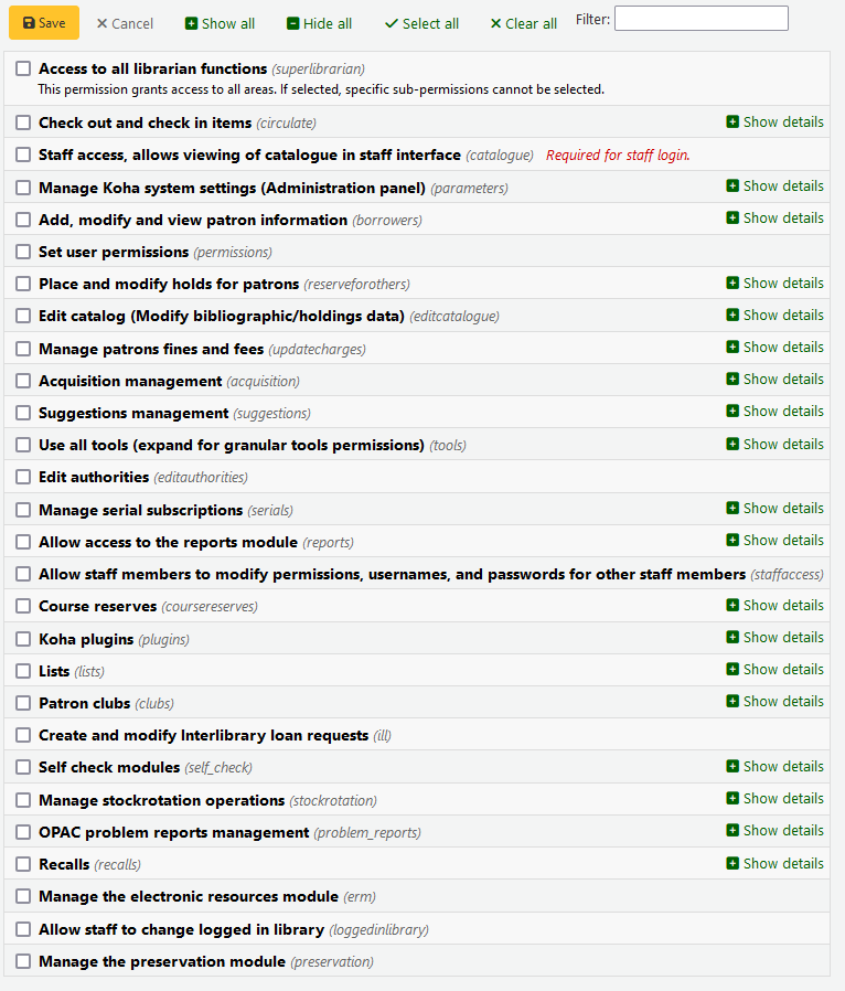 Form showing all patron permissions with none currently selected