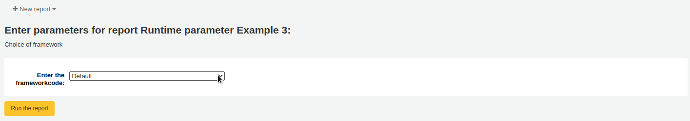 When running the report, the user is asked to choose a bibliographic framework from a drop-down menu