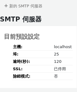 SMTP伺服器設定部分的主頁，除了預設的之外沒有其他伺服器