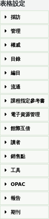 表格設定頁面的螢幕截圖，我們可以在其中看到 Koha 的所有具有可自訂表格的模組