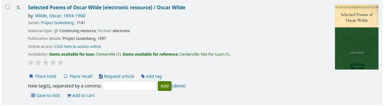 A single search result in the OPAC, under the 'Add tag' button is an input box 'New tag(s), separated by a comma' with and 'Add' button and a '(done)' link