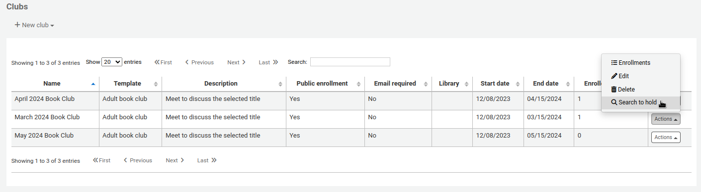 The list of clubs, the Actions button next to one of the clubs is pressed and the mouse cursor is on the Search to hold option