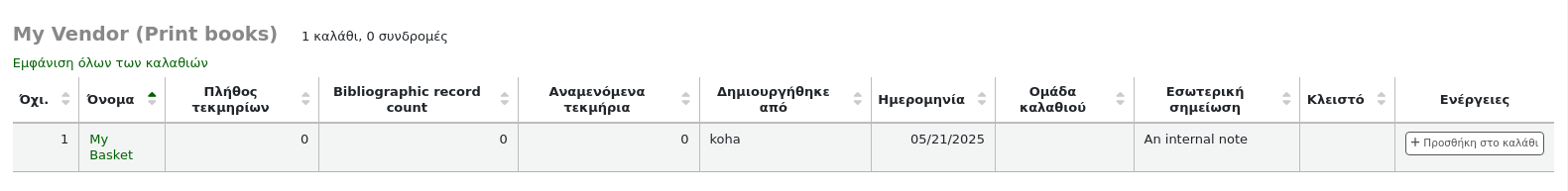 Ενεργά καλάθια ενός προμηθευτή