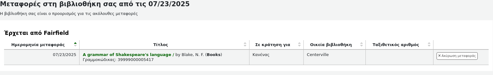 Πίνακας των μεταφορών που πραγματοποιήθηκαν στη βιβλιοθήκη σας από την αντίστοιχη ημερομηνία. Εμφανίζεται ένας κατάλογος με τα τεκμήρια που βρίσκονται σε μεταφορά.