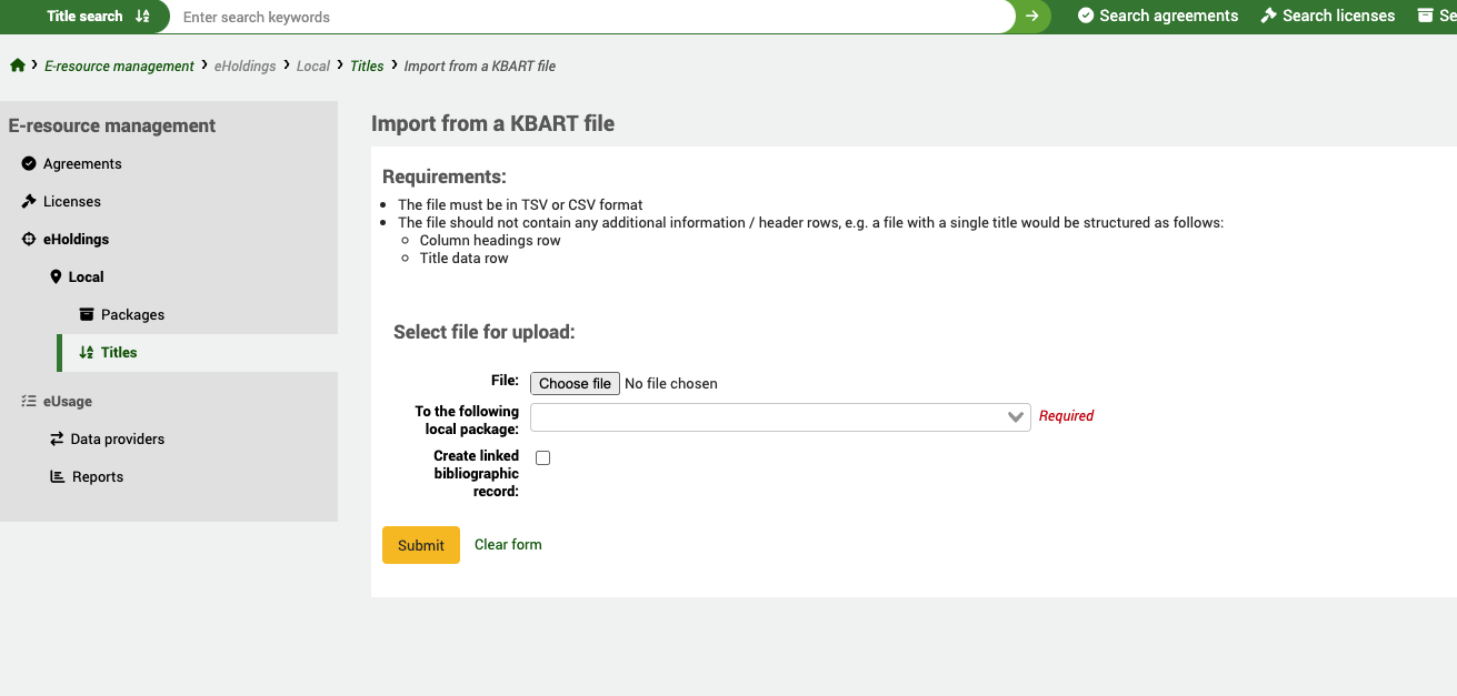 In the eHoldings Local Titles section, showing the screen to select a KBART file and add to package.