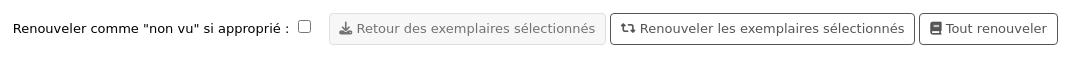 Three buttons: 'Check in selected items', 'Renew selected items' and 'Renew all'