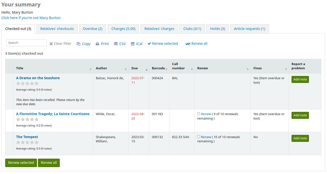 Patron's 'Your summary' page with AllowCheckoutNotes enabled, there is a column titled 'Report a problem' in the checkouts table, with a button 'Add note' for each checkout