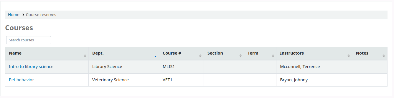 Page des réserves de cours à l'OPAC affichant les cours disponibles dans un tableau