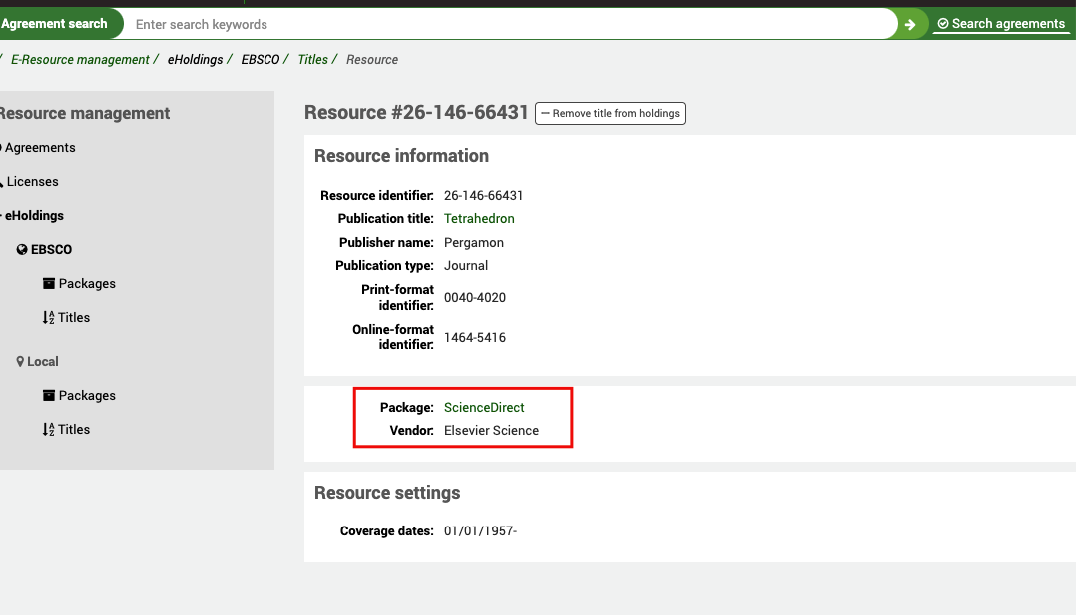 Vue des informations sur la ressource, avec un focus sur le nom du bouquet et le fournisseur.