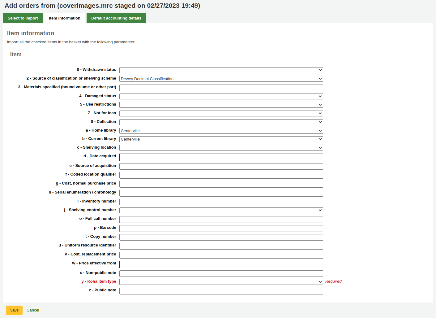 Formulaire d'exemplaire dans l'onglet Informations sur l'exemplaire