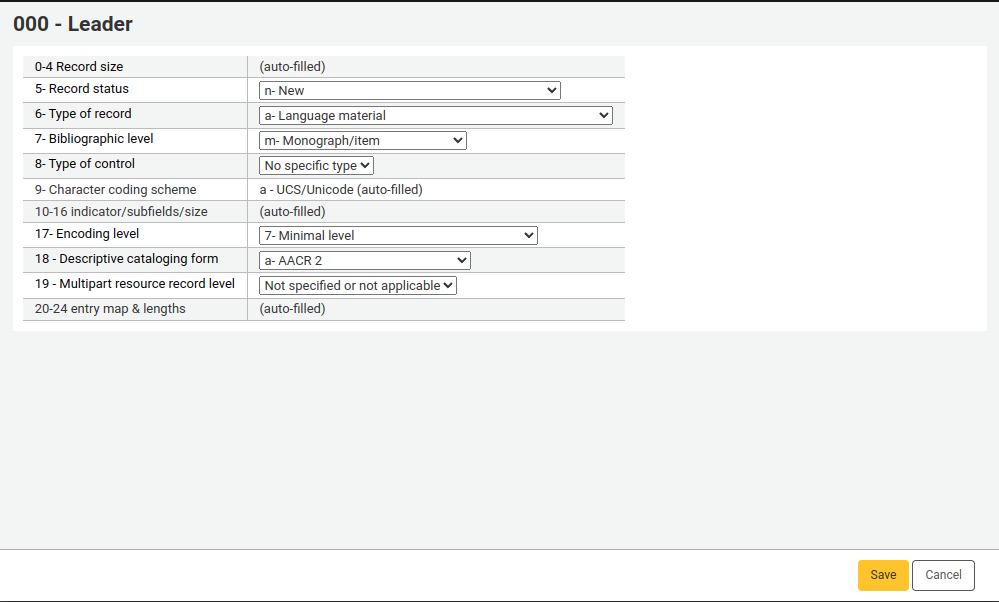 MARC21 leader value builder for bibliographic records