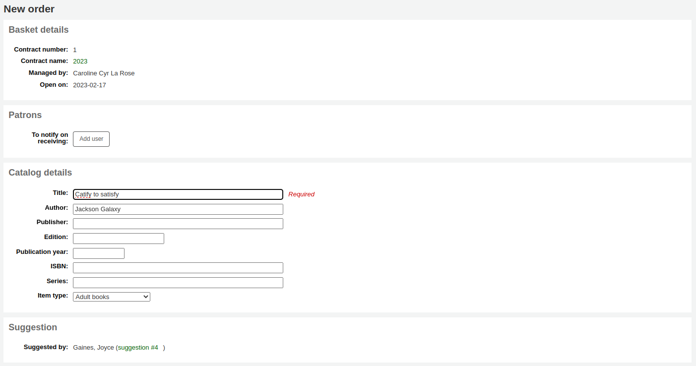 Formulaire de commande avec les informations de l'adhérent dans la section suggestions