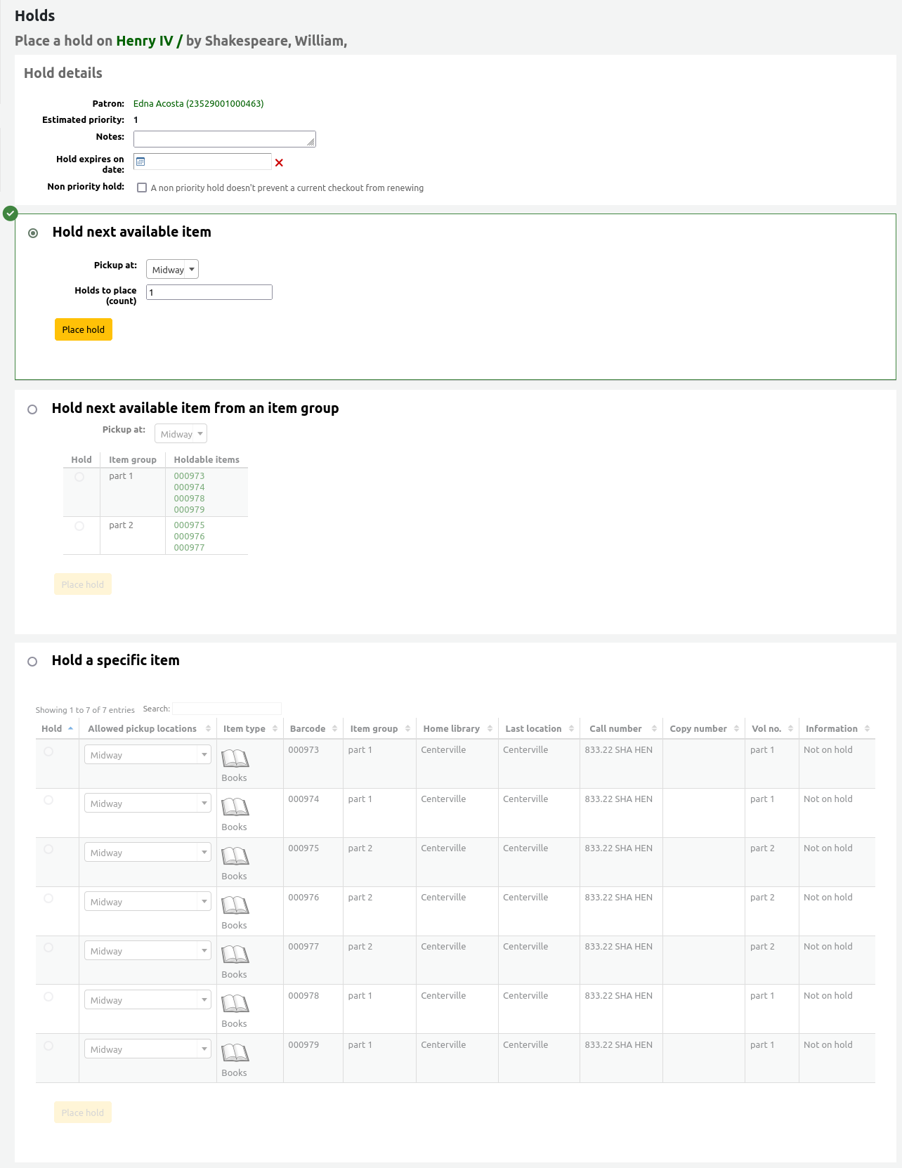 Form for placing a hold on a single bibliographic record