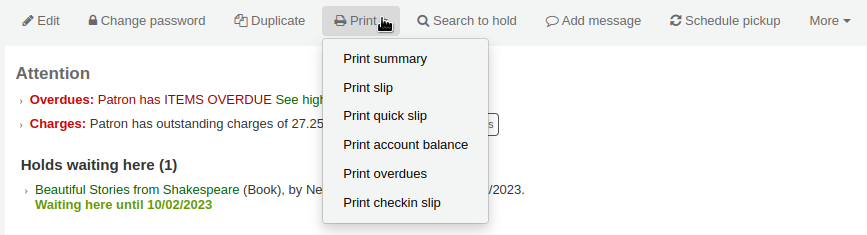 Menu au-dessus du compte adhérent, le bouton 'Imprimer' est sélectionné et les options sont Imprimer le résumé, Imprimer le ticket, Imprimer ticket rapide, Imprimer le solde du compte, Imprimer les retards et Imprimer le ticket de retour