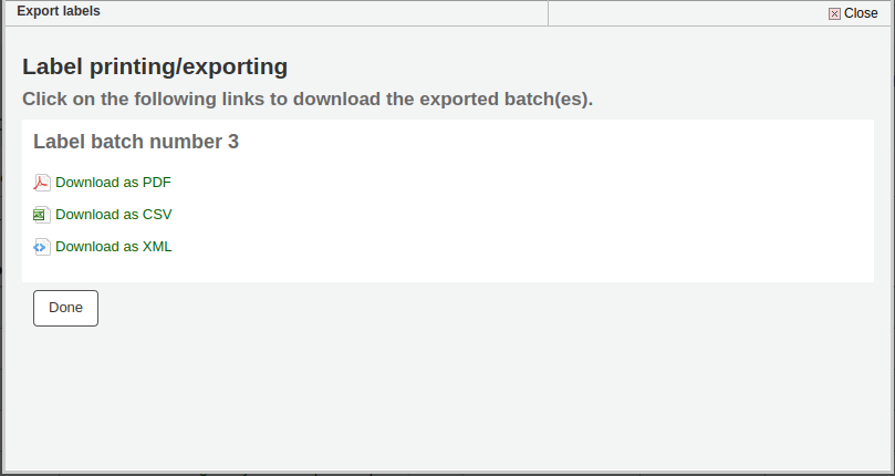 Options to download the generated labels: PDF, CSV or XML.