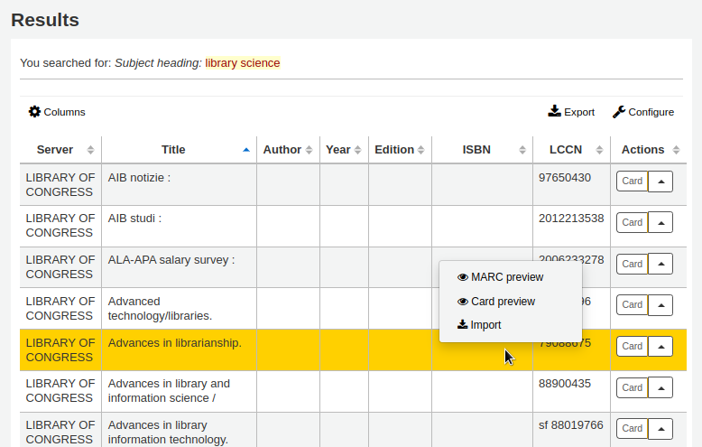 Z39.50 search results, the preview and import options are displayed