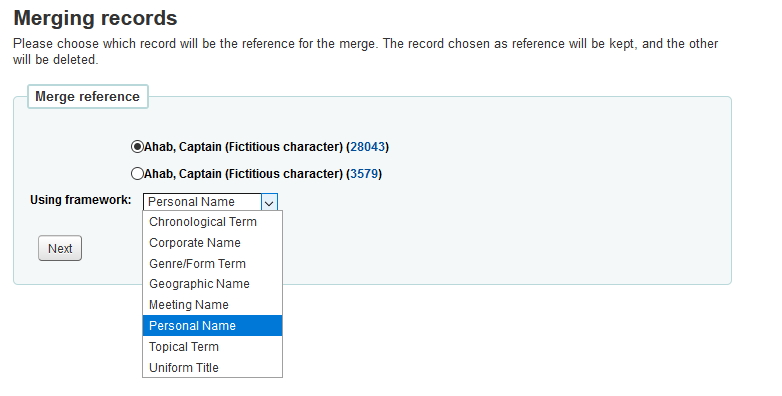 顯示選擇作為主要記錄的頂端記錄、開啟使用框架選單並選擇個人名稱的螢幕截圖