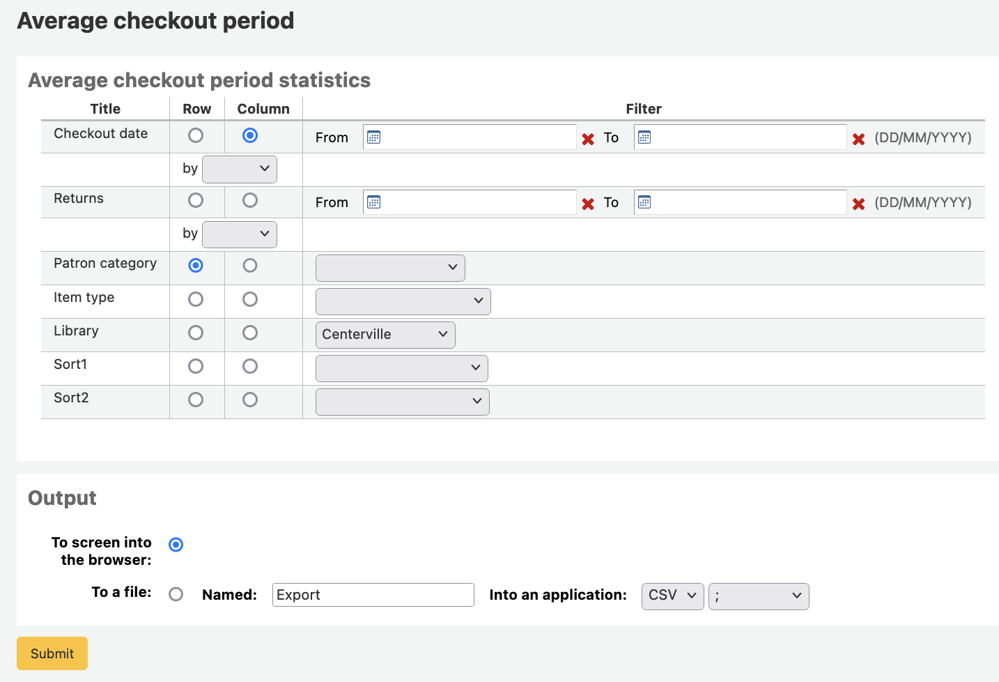 Wizard to generate report for average loan time, with options to select the report parameters (checkout date, patron category, item type...)