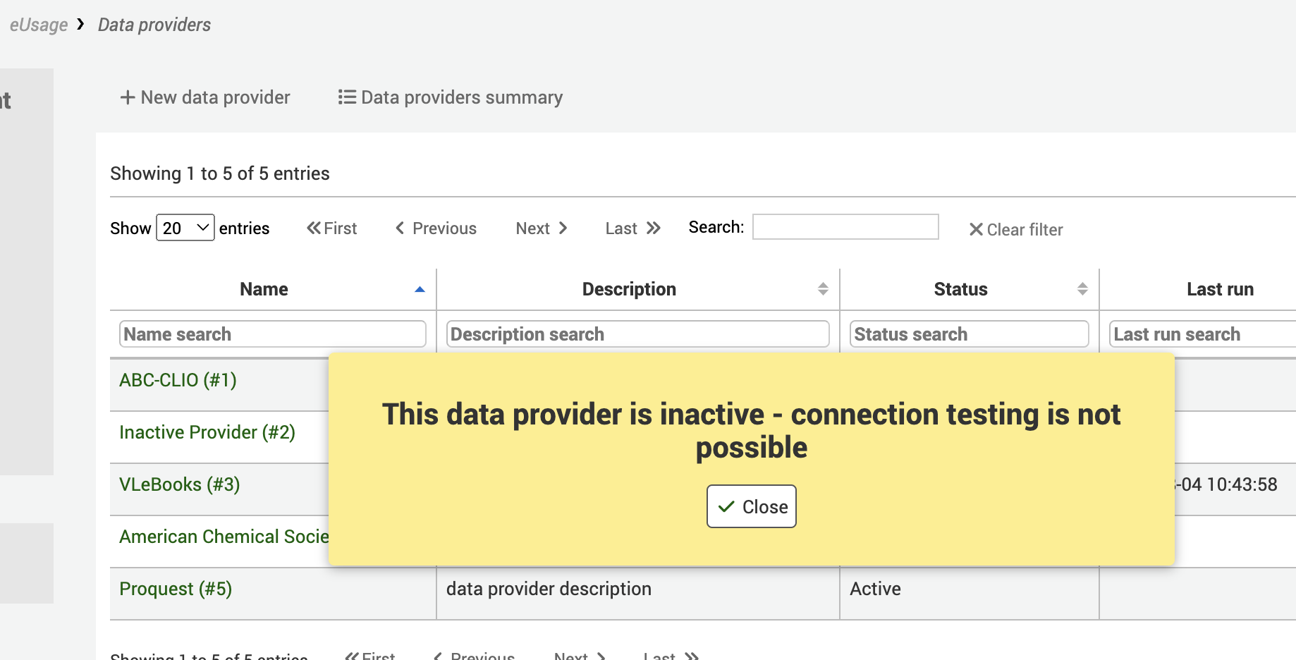 資料提供者畫面顯示黃色警報訊息: '此資料提供者處於非活動狀態 - 無法進行連線測試'.