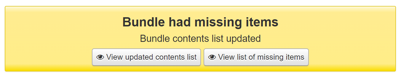 警告訊息 '捆綁包缺少館藏捆綁包內容清單已更新'，有兩個按鈕 '查看更新的內容清單' 和 '查看缺少館藏清單'