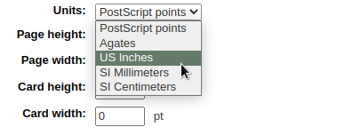 讀者卡片建立工具中使用的測量單位下拉清單：PostScript 點、瑪瑙、美式英吋、SI 毫米和 SI 厘米